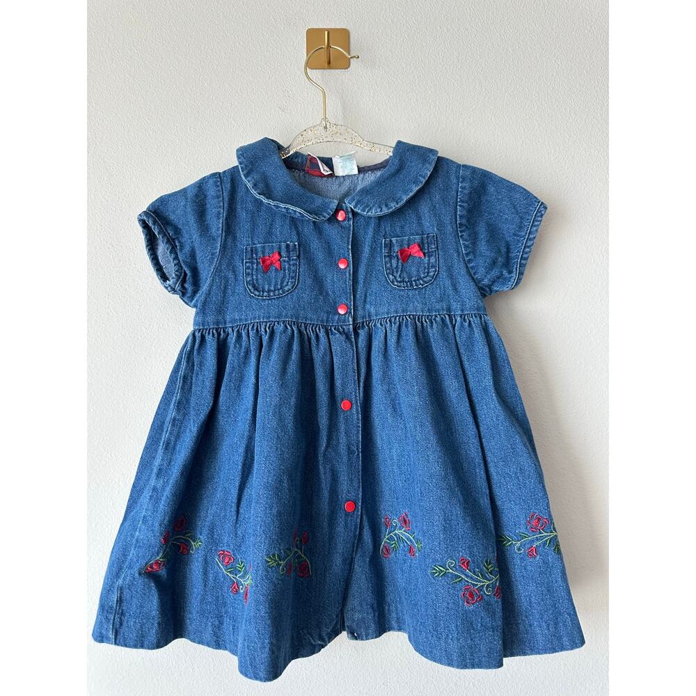 Vintage Mayfair Kids Denim Dress 3T Embroidered Floral Prairie Cottagecore